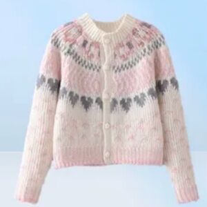 Rose Button Jamie Cardigan Wool Sweater Hearts Pink White By RedBerry Sz. S/M